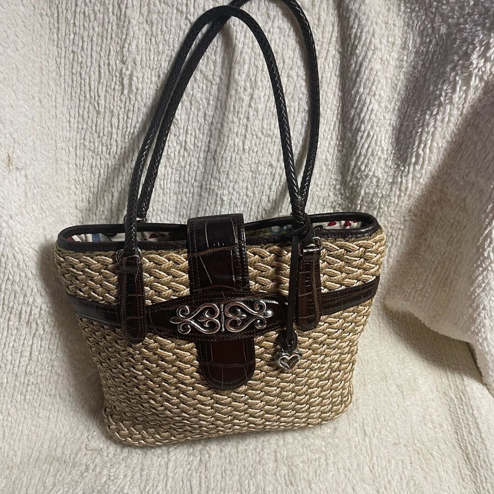 Brighton Woven Tri Color Straw tote bag, brown leather straps & trims . - Picture 6 of 13